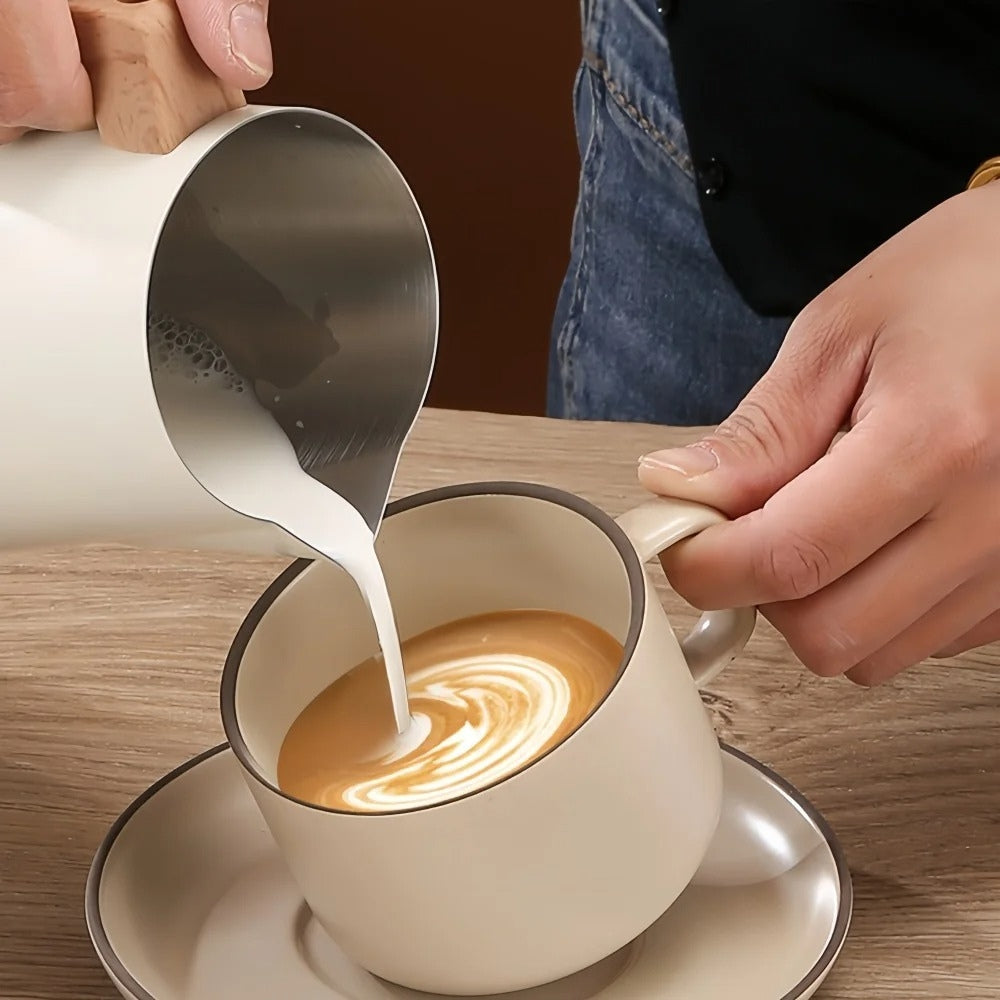 Wood Handle Milk Pitcher — product in use