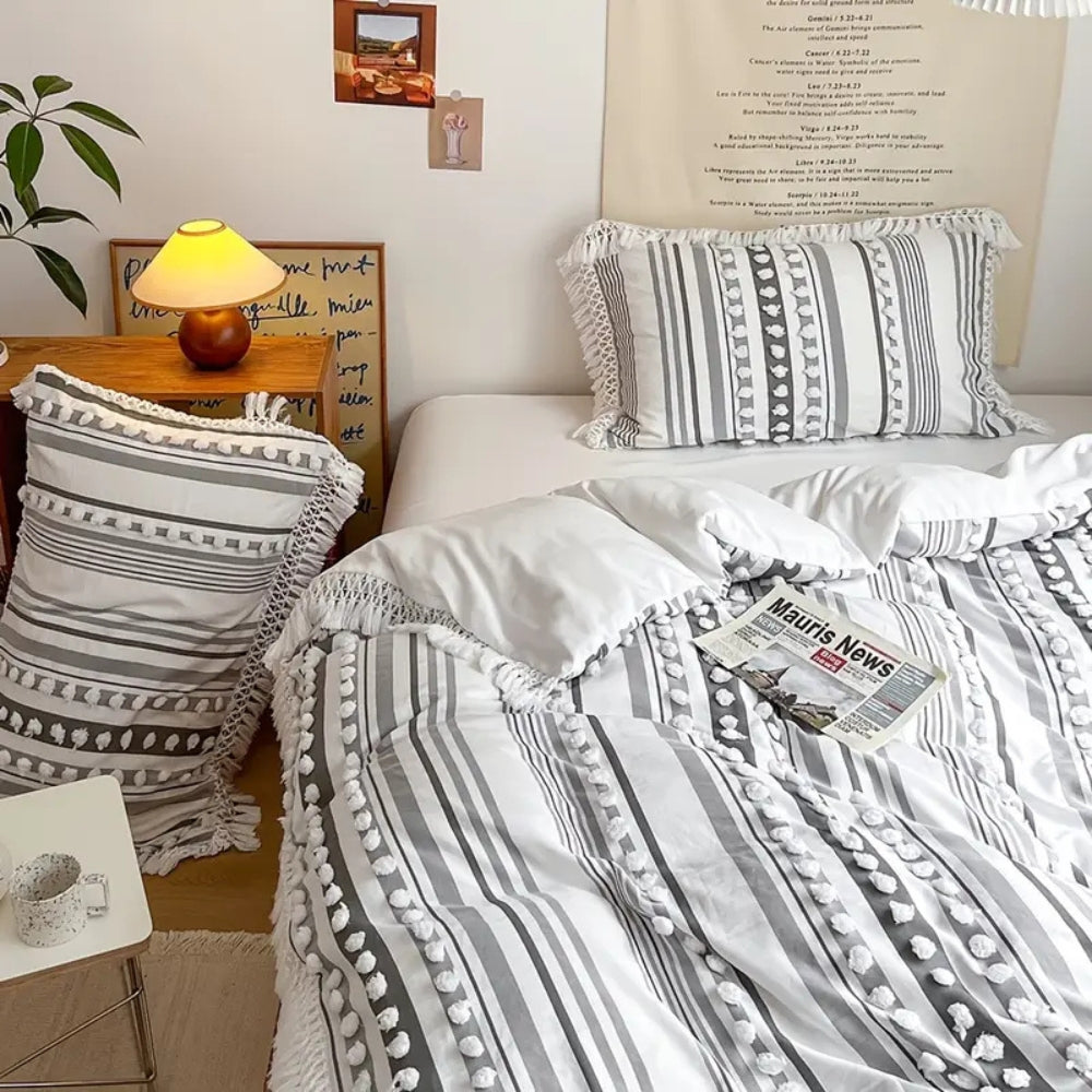Soft Stripe and Tassel Quilt Set | 3pcs — product in use