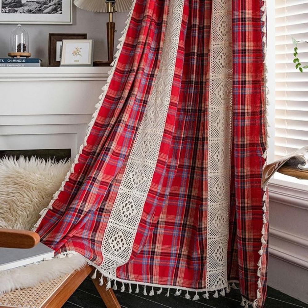 Tartan Crochet Lace Tassel Curtain — material texture close-up