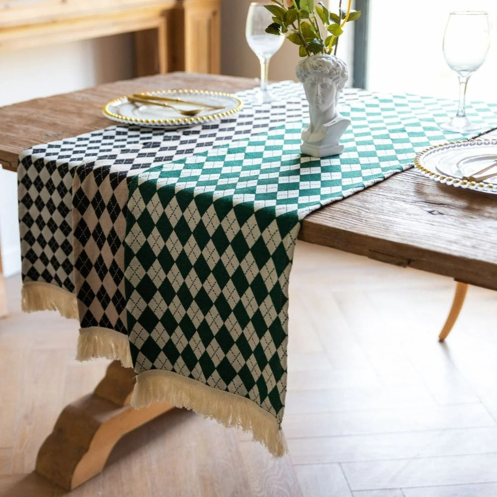 Tasseled Diamond Checkered Table Runner — product detail view