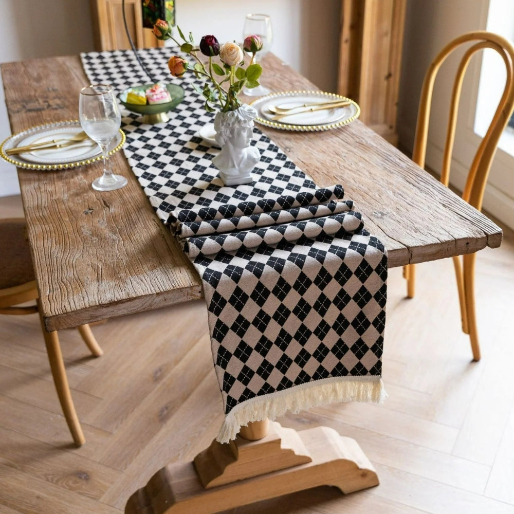 Tasseled Diamond Checkered Table Runner — product in use