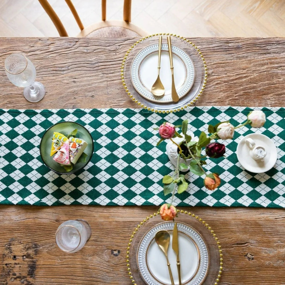 Tasseled Diamond Checkered Table Runner — product close-up