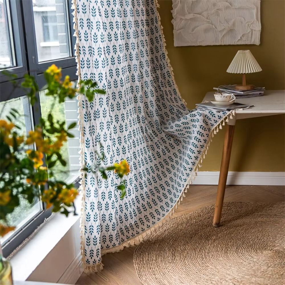 Teal Blue Leaves Semi Sheer Curtains — product close-up