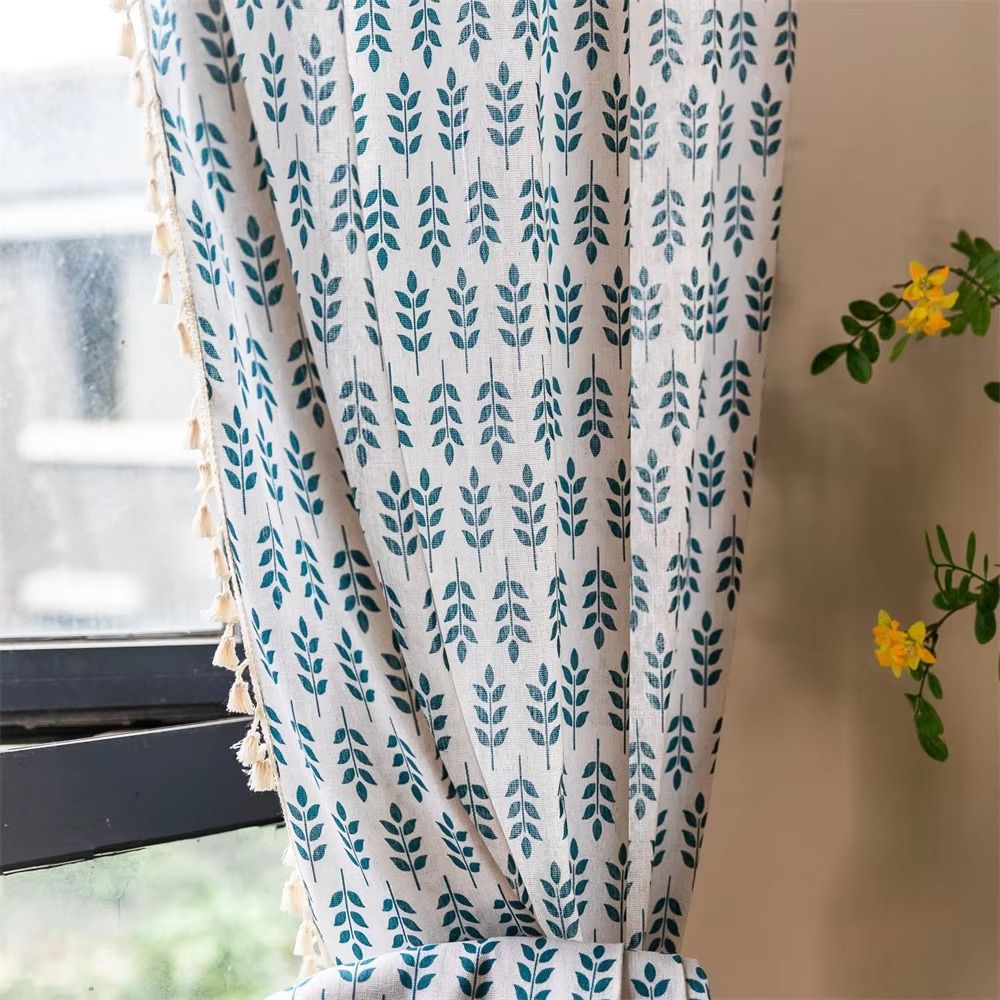 Teal Blue Leaves Semi Sheer Curtains — product in use