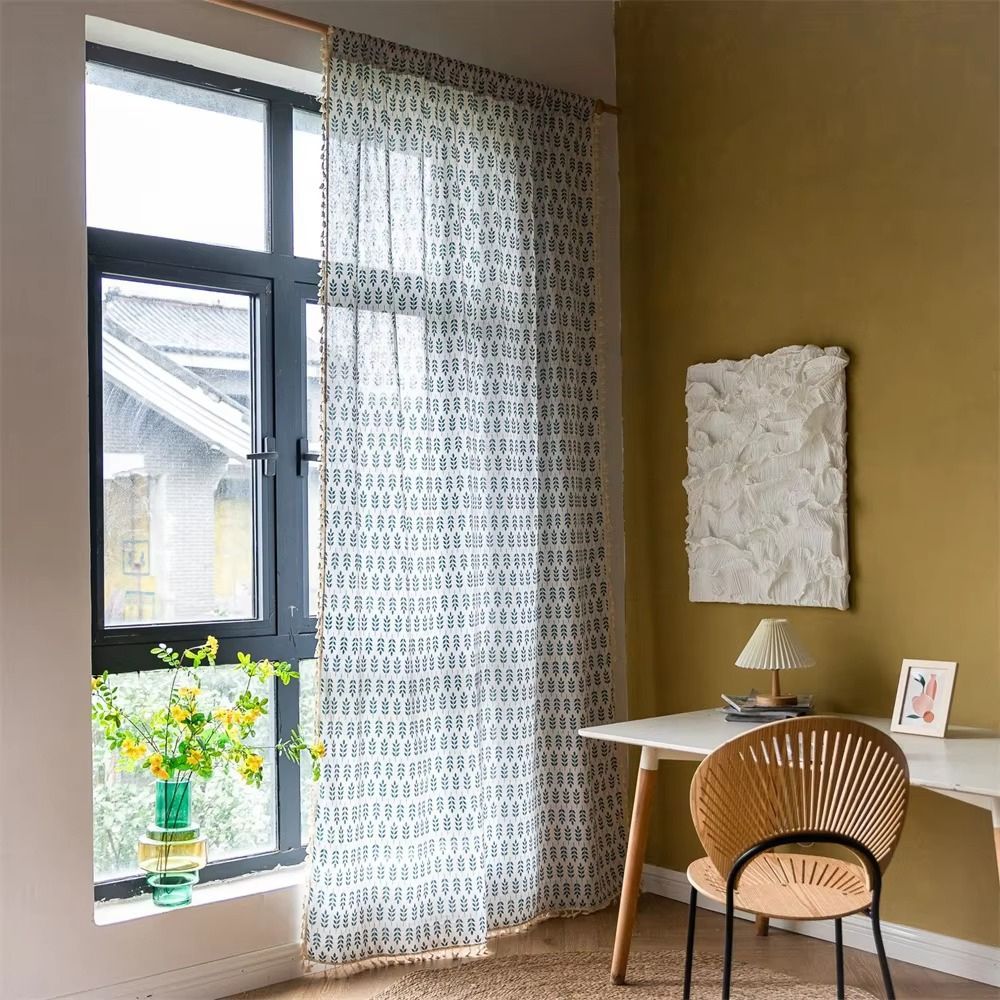 Teal Blue Leaves Semi Sheer Curtains — main product photo