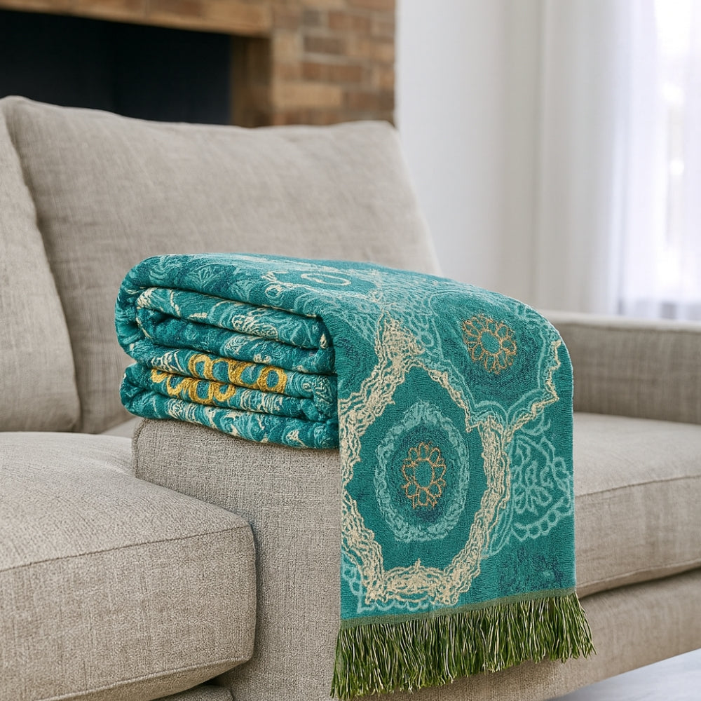 Teal Mandala Cotton Four-Season Blanket — product in use