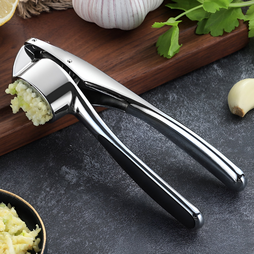 Minimalist Stainless Garlic Squeezer with Non-Slip Handle — lifestyle shot