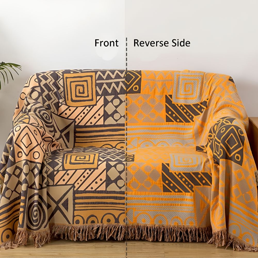 Tribal Patchwork Reversible Tassel Cotton Blanket — alternate angle view