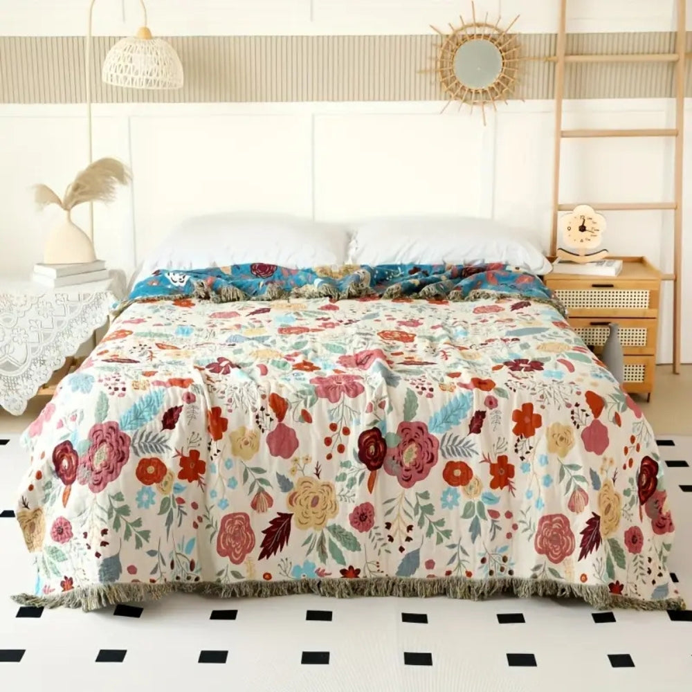 Vibrant Floral Garden Tassel Trim Blanket — main product photo