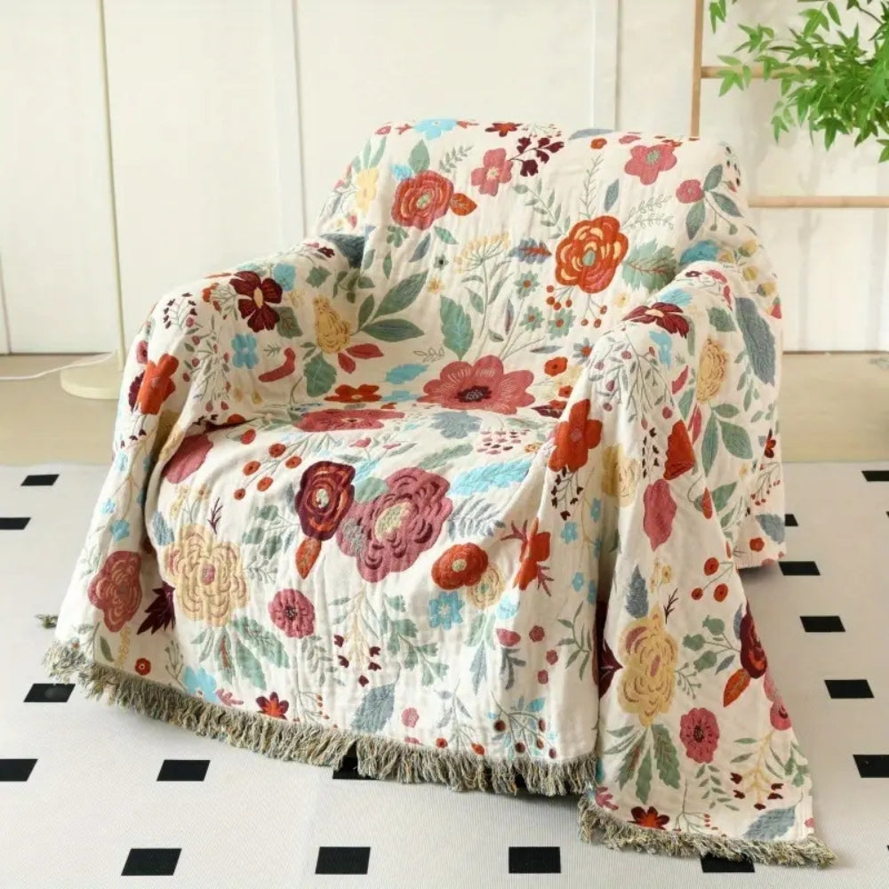 Vibrant Floral Garden Tassel Trim Blanket — alternate angle view