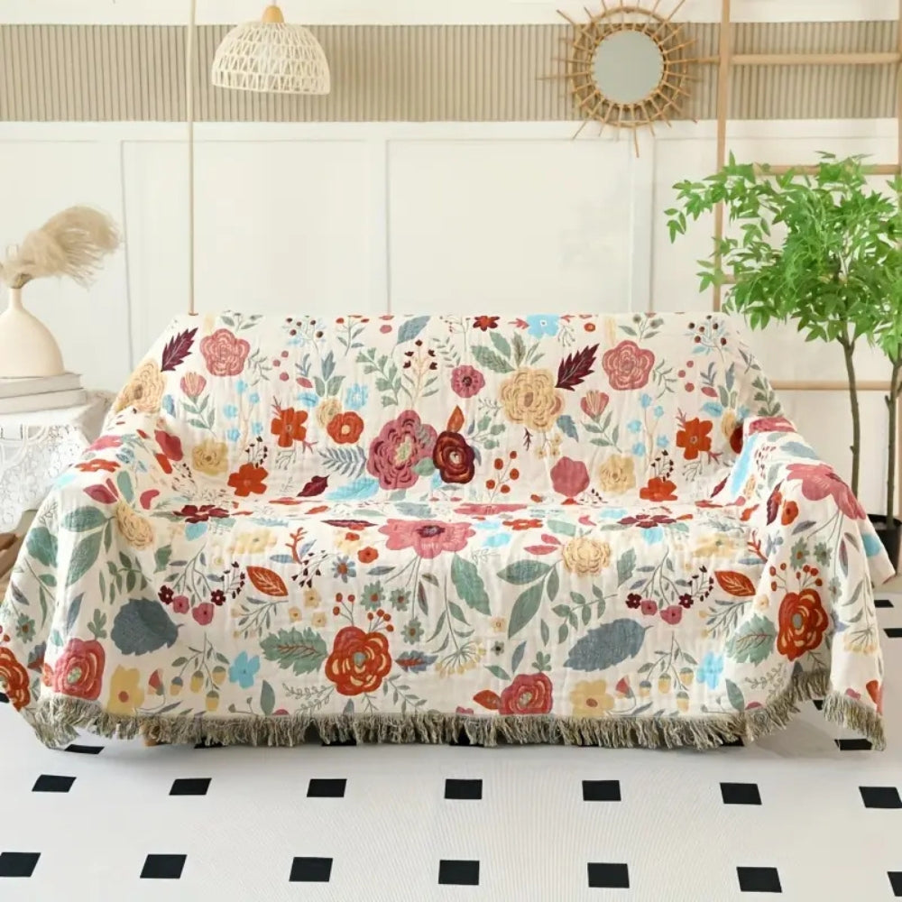 Vibrant Floral Garden Tassel Trim Blanket — product in use