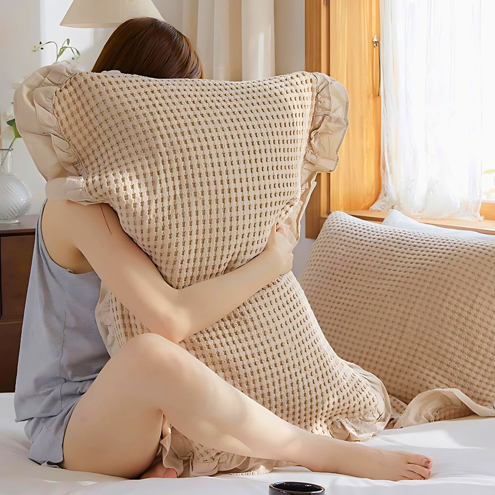 Waffle Weave Cotton Pillowcases with Ruffle (2PCS) — product in use