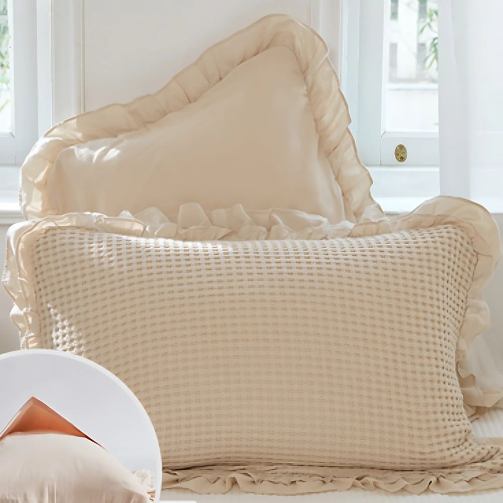 Waffle Weave Cotton Pillowcases with Ruffle (2PCS) — size and scale reference