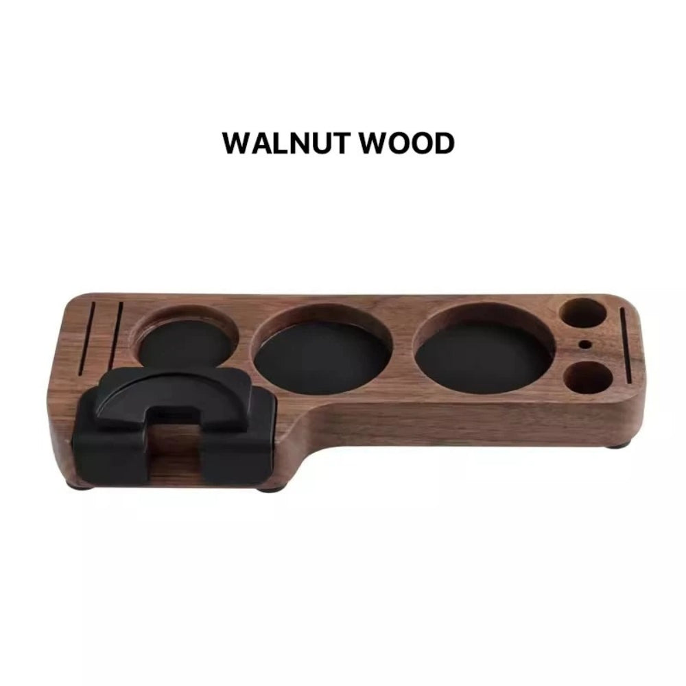 Walnut Espresso Tamper Station Coffee Bar Stand — alternate angle view