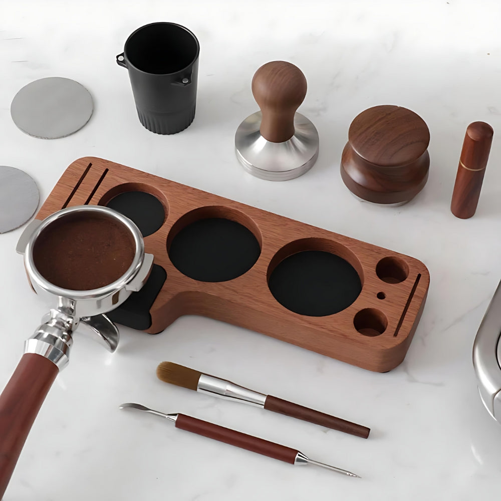 Walnut Espresso Tamper Station Coffee Bar Stand — product in use
