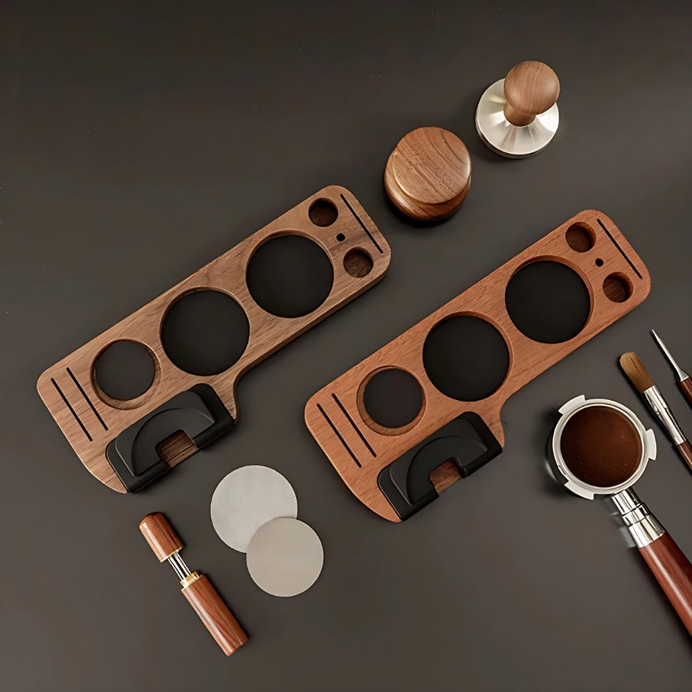 Walnut Espresso Tamper Station Coffee Bar Stand — product detail view