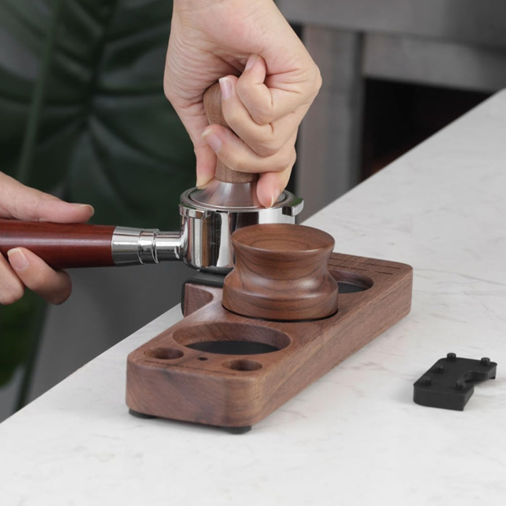 Walnut Espresso Tamper Station Coffee Bar Stand — lifestyle shot