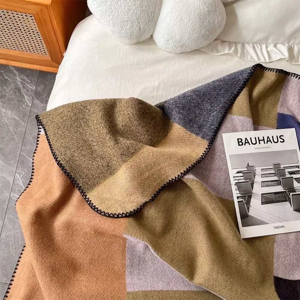 Warm Knit Colourblock Plaid Blanket — product in use