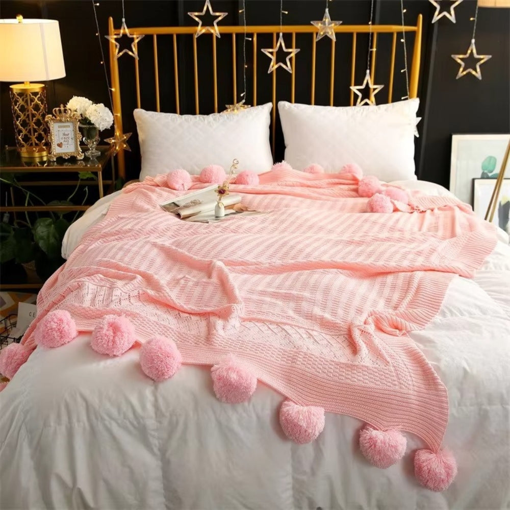 Whimsy Fluffy Pom-Pom Macaron Blanket — lifestyle shot