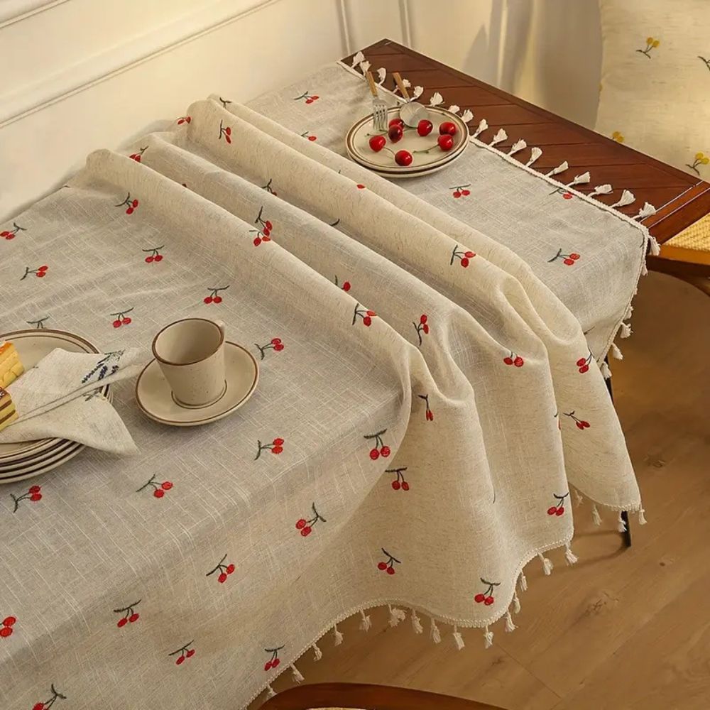Vintage Red Cherry Tassel Tablecloth — alternate angle view