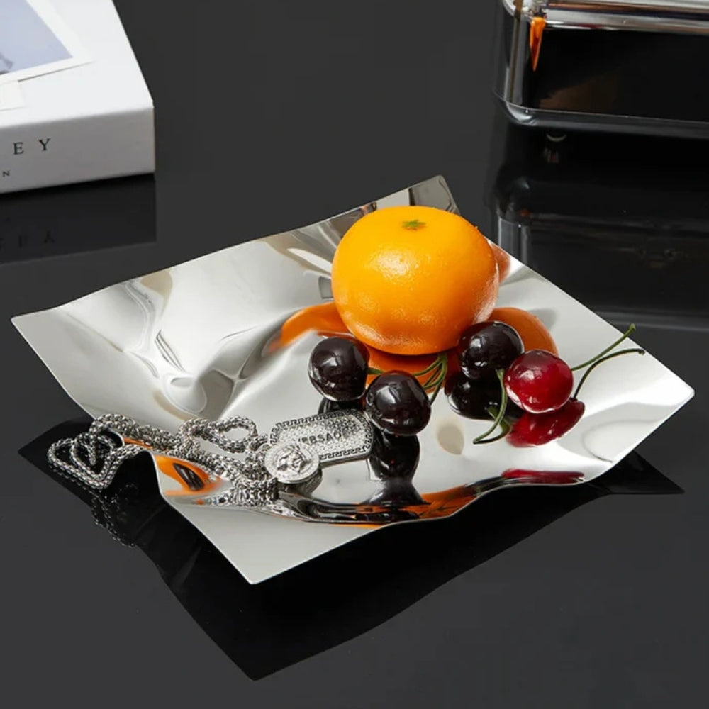 Wrinkled Stainless Steel Obsidian Tray — product in use