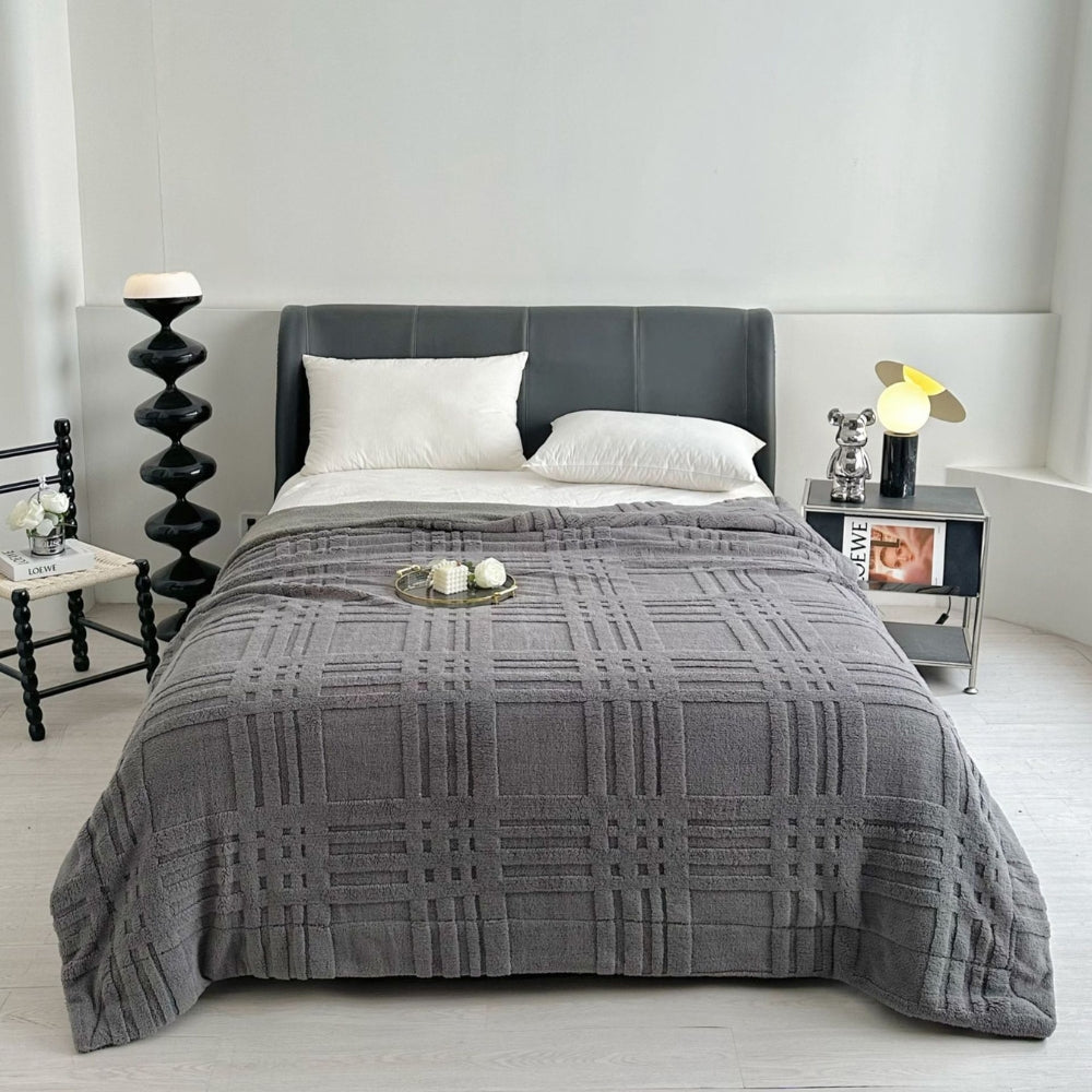 Plaid Embossed Grid Pattern Winter Blanket — material texture close-up