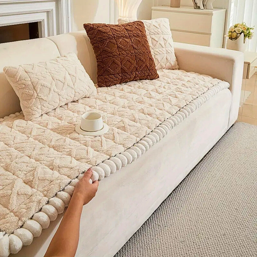 Snuggle Sherpa Plush Sofa Protector Cover — product in use